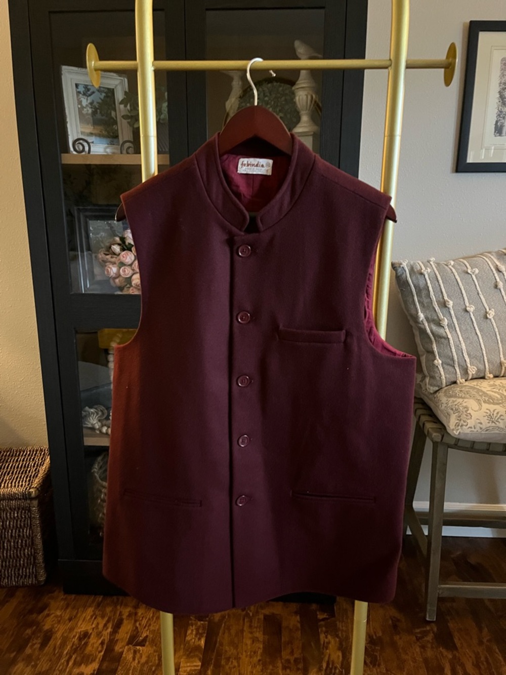 fabindia Men's Maroon Mandarin Collar Wool Vest jacket